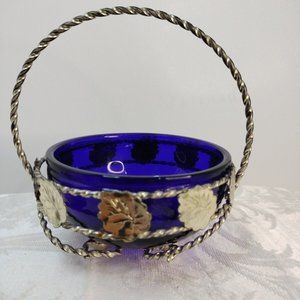 Vtg. Cobalt Blue Round Candy Bowl W/Metal Silver Tone Basket W/Twist Handle &...